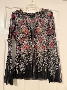 INC International Concepts Black Floral Mesh V-Neck Long Sleeve Blouse